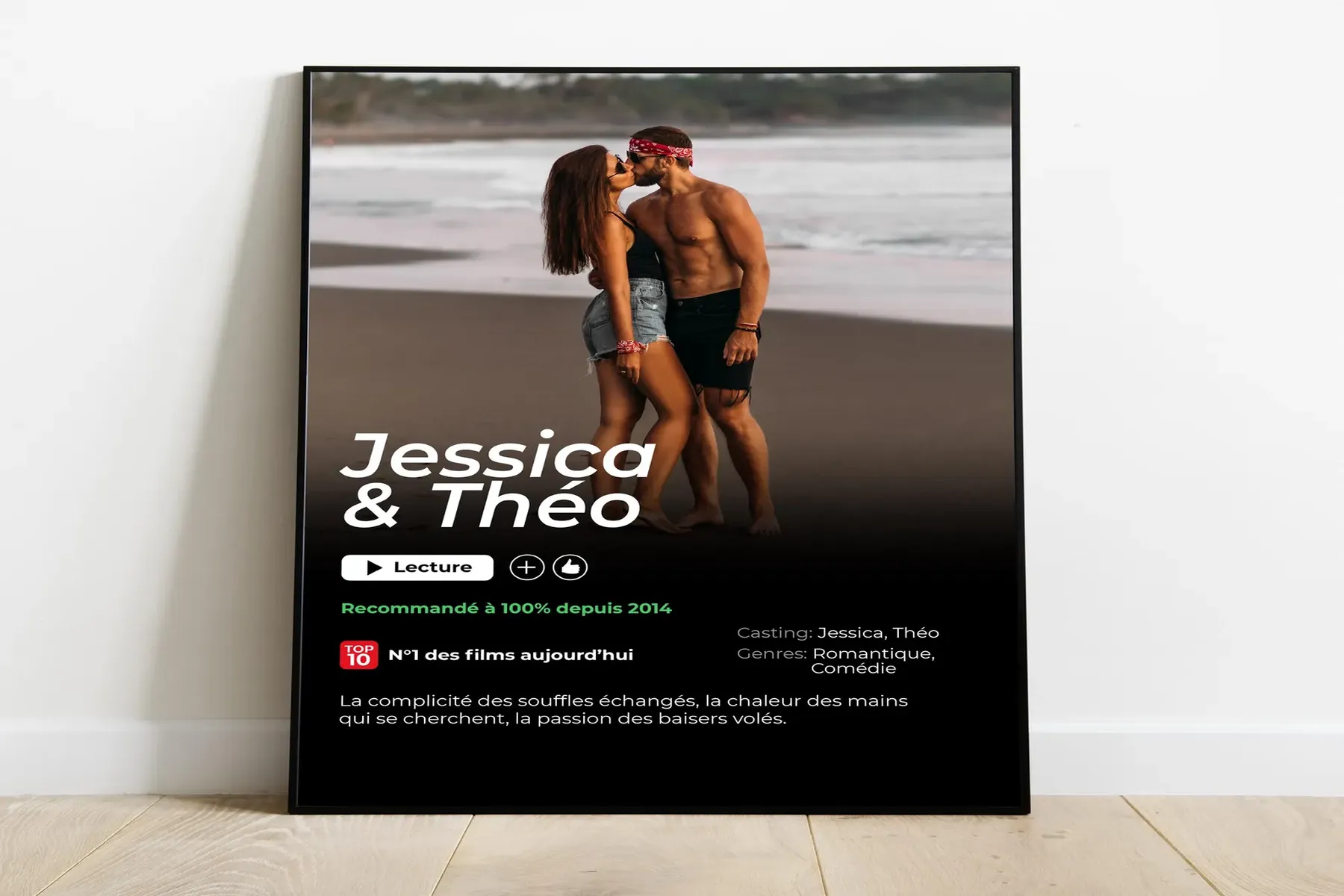 Affiche film romantique Jessica et Théo sur la plage.