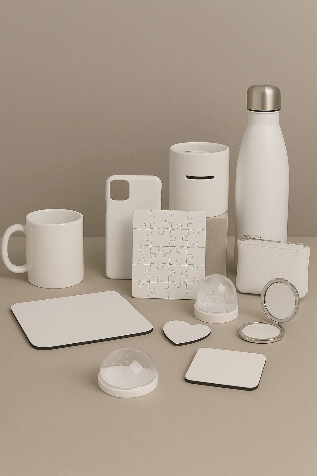 Objets blancs variés sur fond beige minimaliste.