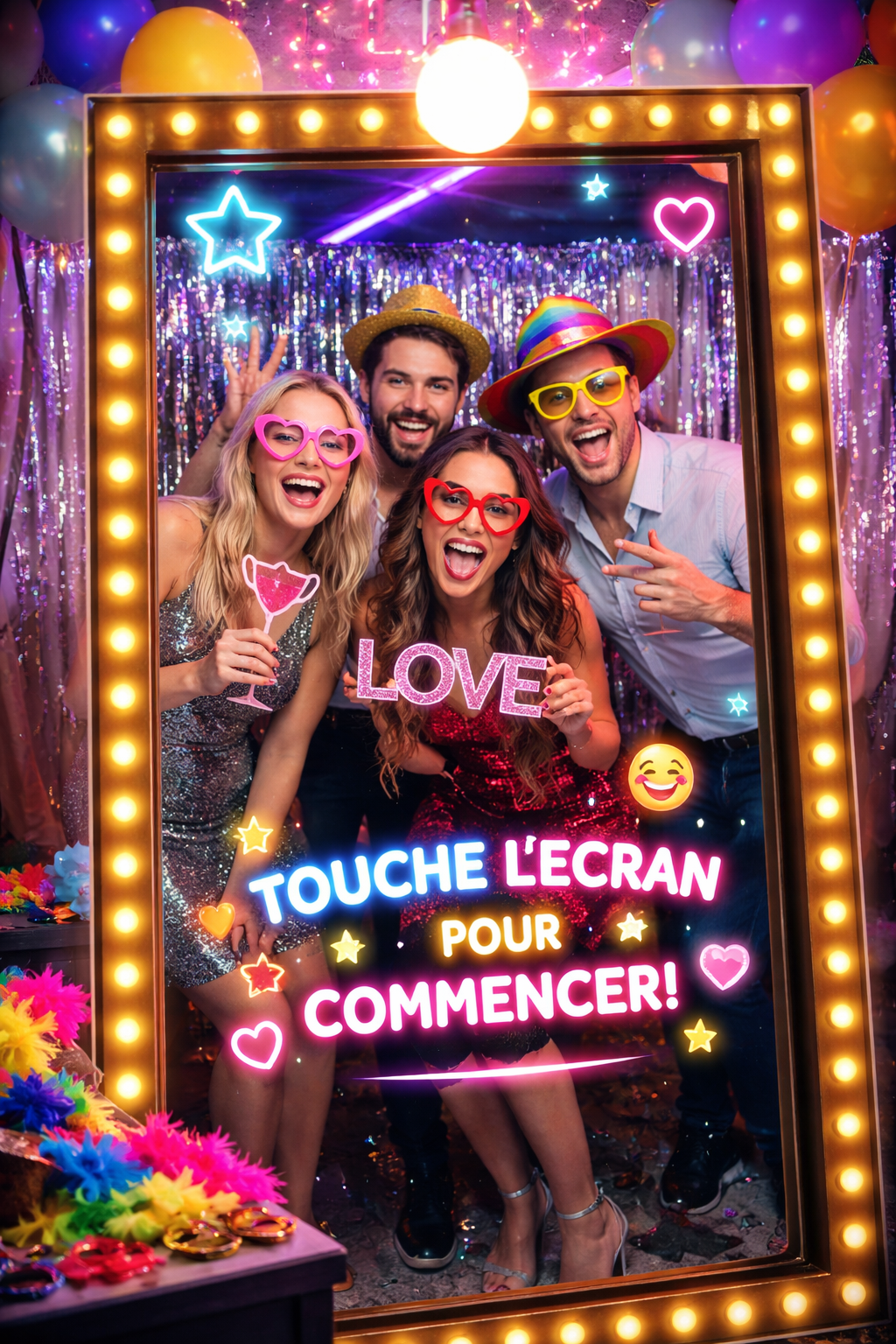 Borne photo avec chapeau doré et fleurs colorées.