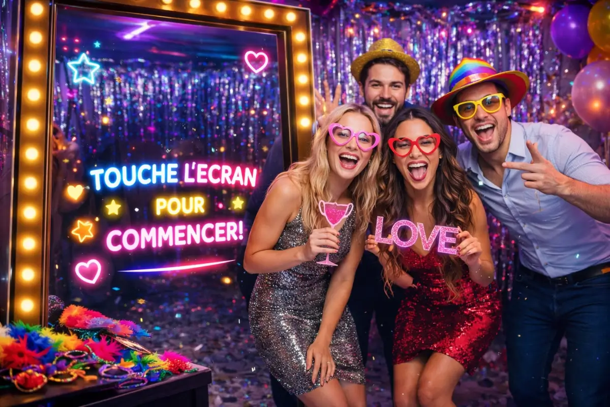 Amis célébrant avec confettis et ballons colorés.